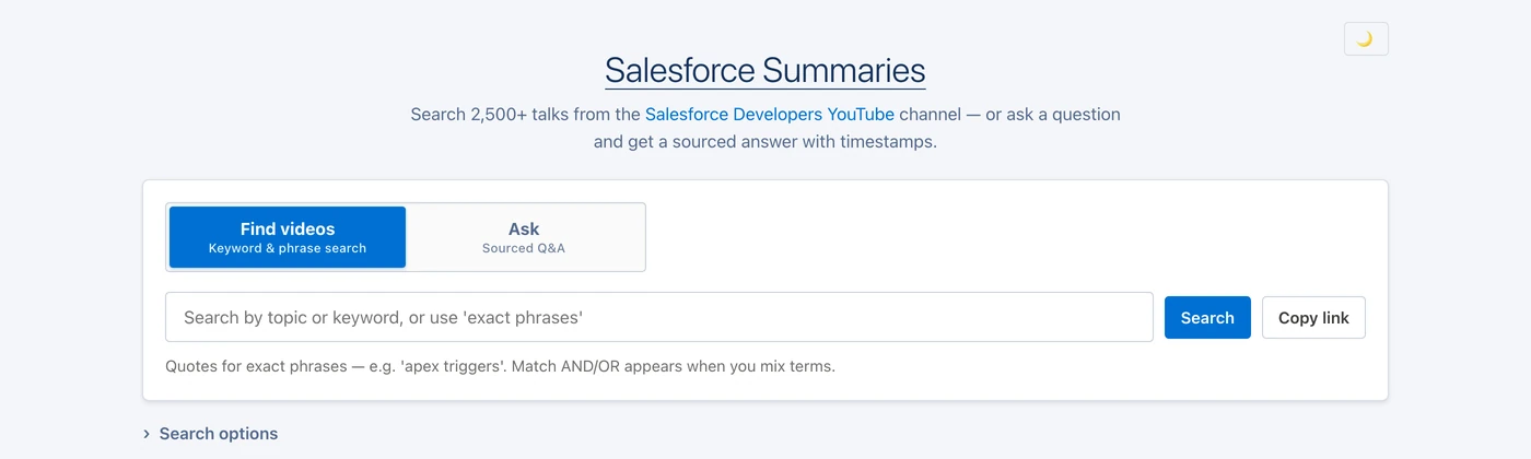 Salesforce Summaries search and OpenAI-powered Ask across developer YouTube talks